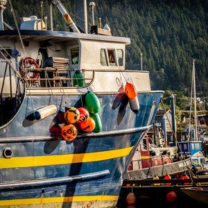 Between Journeys — fishing boat with colorful buoys in Alaska, by Carol Fox Henrichs
