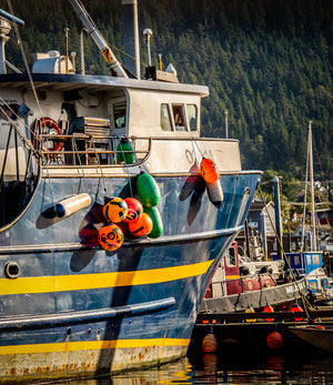 Between Journeys — fishing boat with colorful buoys in Alaska, by Carol Fox Henrichs