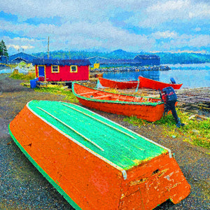 The Orange Fleet — orange dories docked in Corner Brook, Newfoundland, by Carol Fox Henrichs