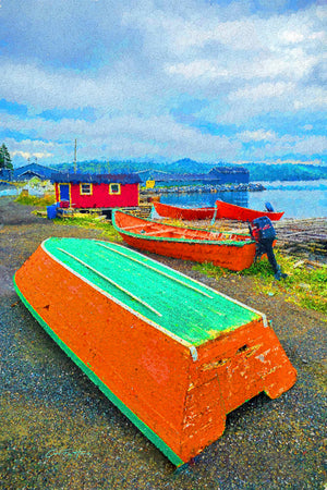 The Orange Fleet — orange dories docked in Corner Brook, Newfoundland, by Carol Fox Henrichs