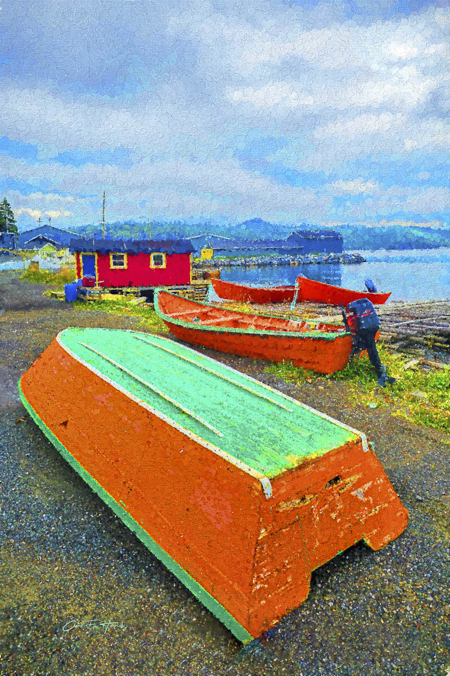 The Orange Fleet — orange dories docked in Corner Brook, Newfoundland, by Carol Fox Henrichs