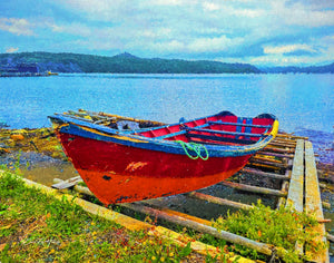 Hues of Humber Arm — a red wooden boat on a slipway at Humber Arm, Newfoundland, by Carol Fox Henrichs