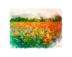 Flowers Forever — a watercolor-style Texas wildflower field near La Grange, by Carol Fox Henrichs
