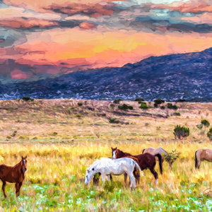 Where the West Begins — horses grazing below mountains at sunset near Alpine, Texas, by Carol Fox Henrichs