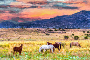 Where the West Begins — horses grazing below mountains at sunset near Alpine, Texas, by Carol Fox Henrichs